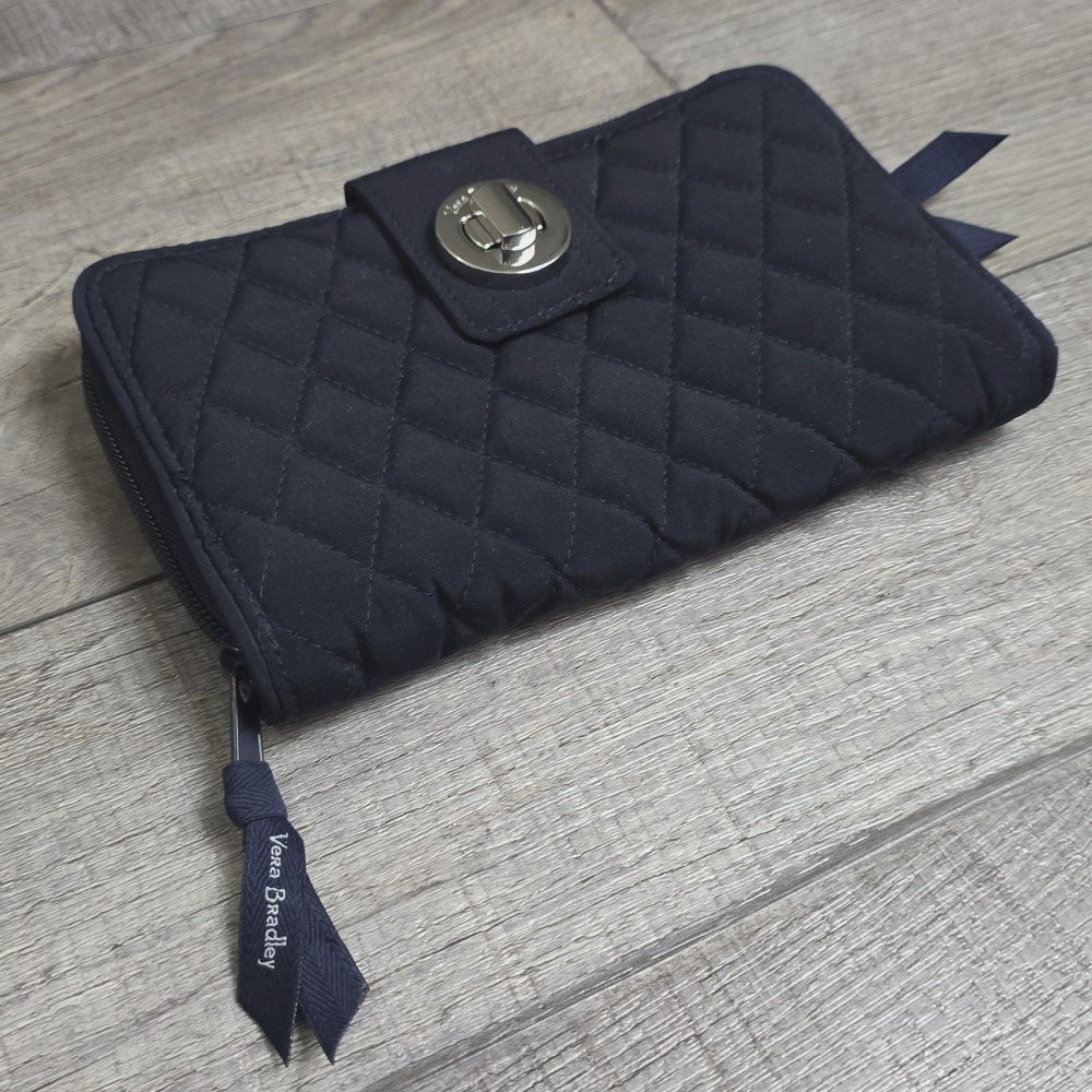Vera Bradley Turnlock Wallet Navy Blue Large Quilted Cotton Clutch Organizer 7.7